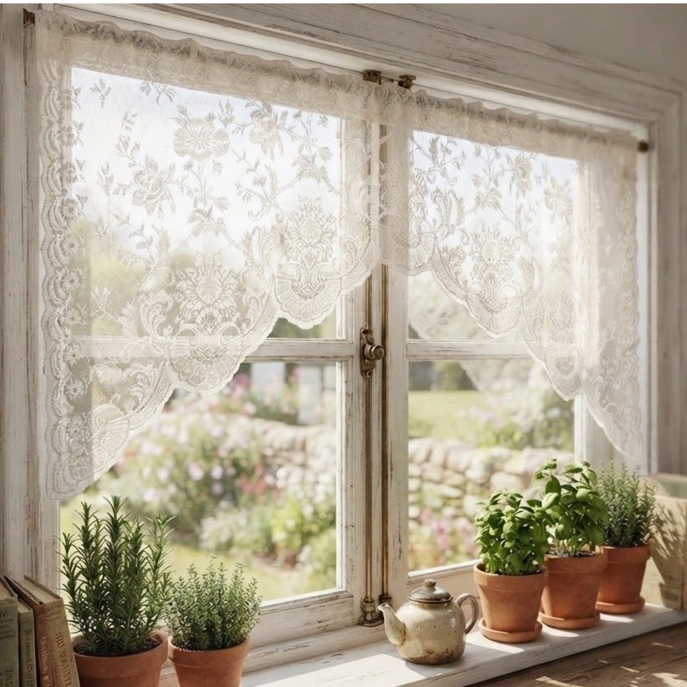 White Floral Lace Window Valance Scalloped Arch Sheer Curtain 60x31